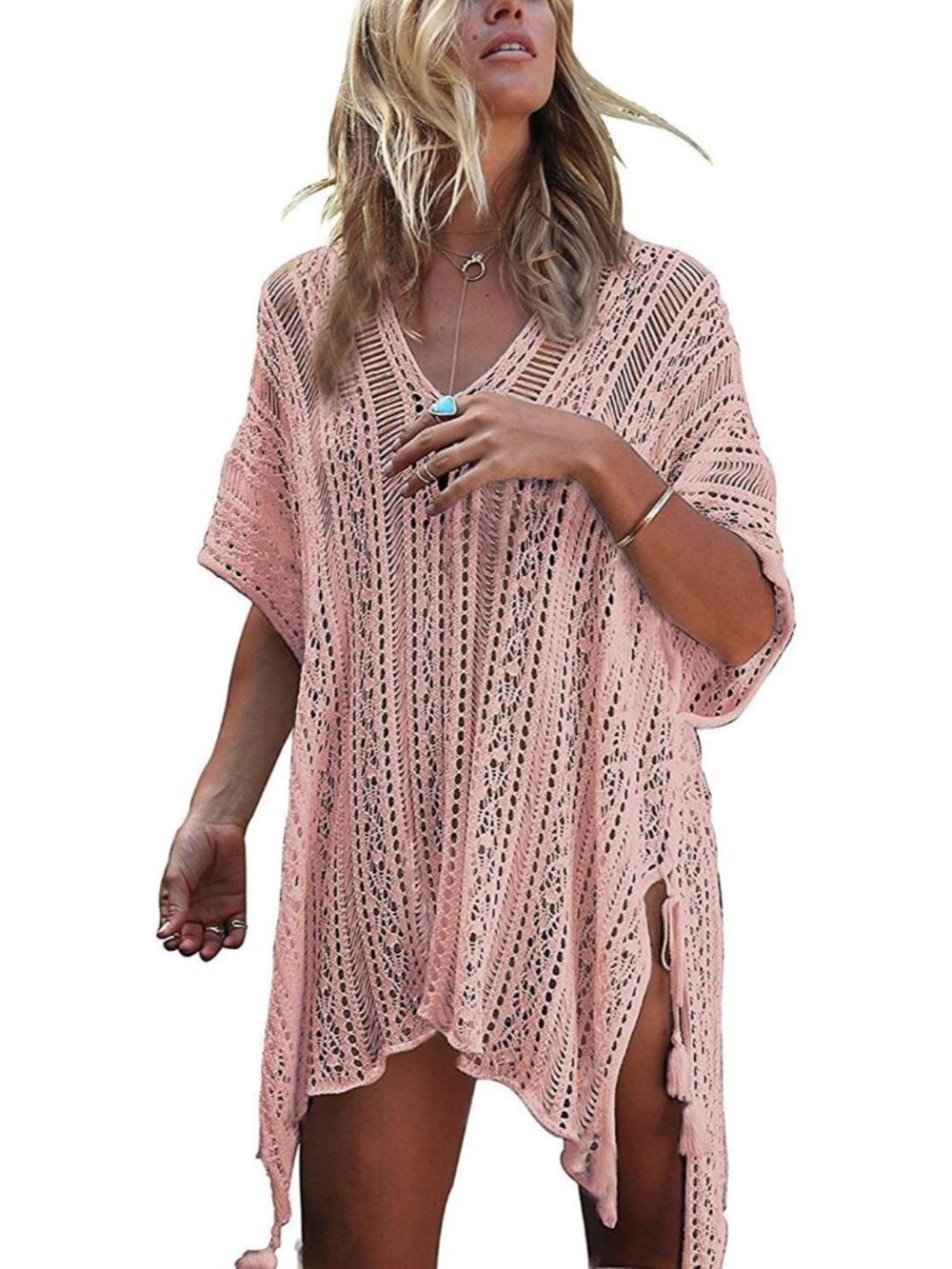 Women's Pink Polyester Crochet Cover up Swimsuit Breathable Beach Swimwear